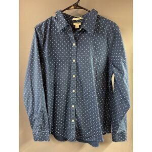 LL Bean Women's Wrinkle Free Blue W White Anchors 3/4 Sleeve Button Up size L
